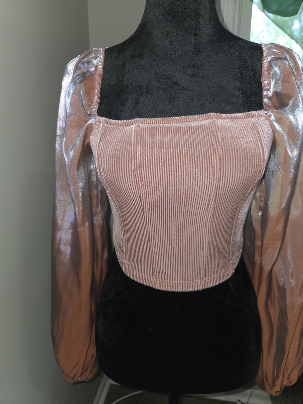 Blu Pepper Rose Blush Velvet Corset Crop Top with Sheer Puff Sleeves